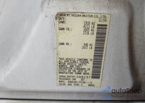 2015 Nissan Altima 2.5 Sv from USA, damaged, VIN 1N4AL3AP3FC209237